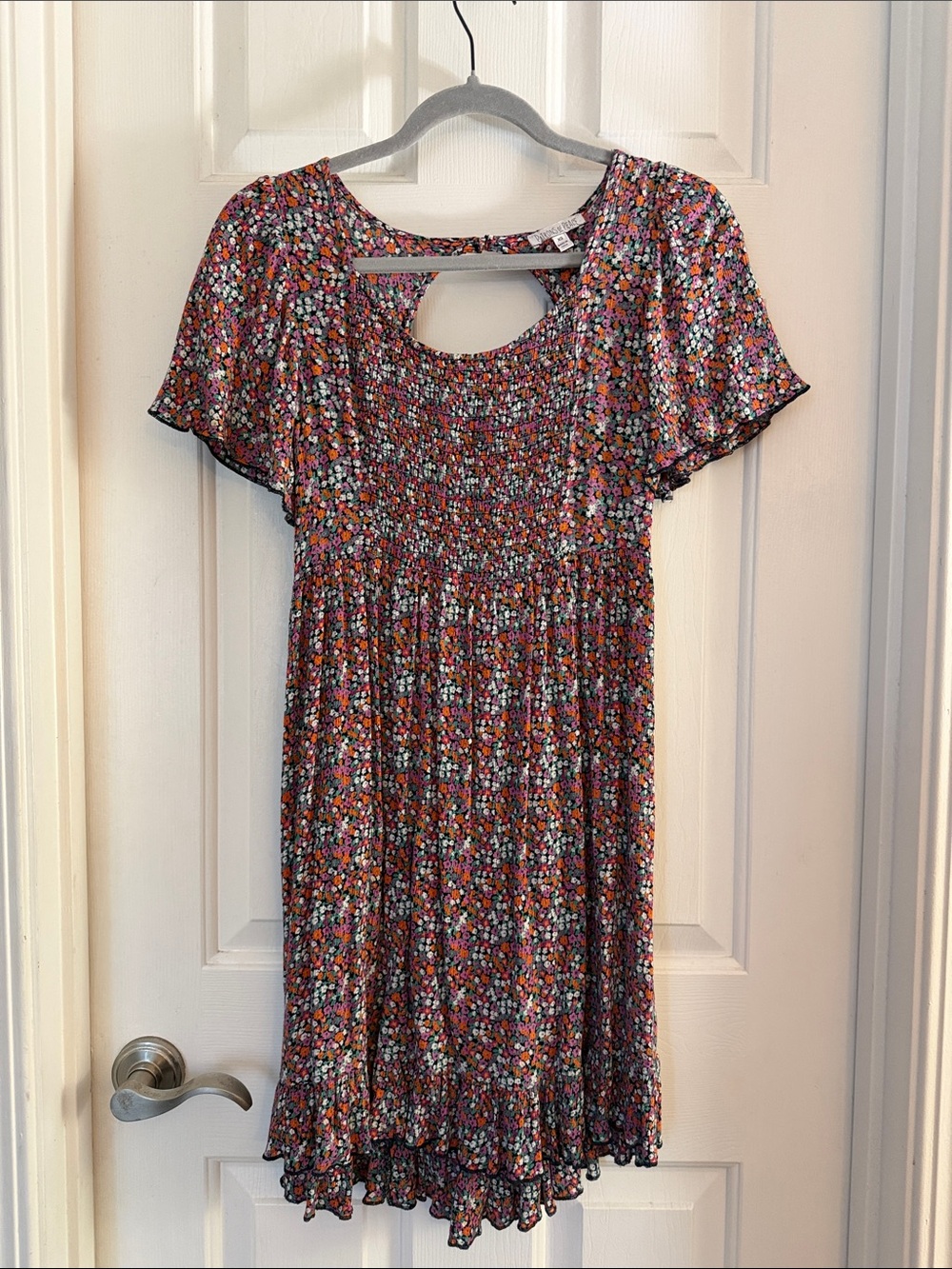 Patrons of peace smocked floral cottage core mini dress pink black XS